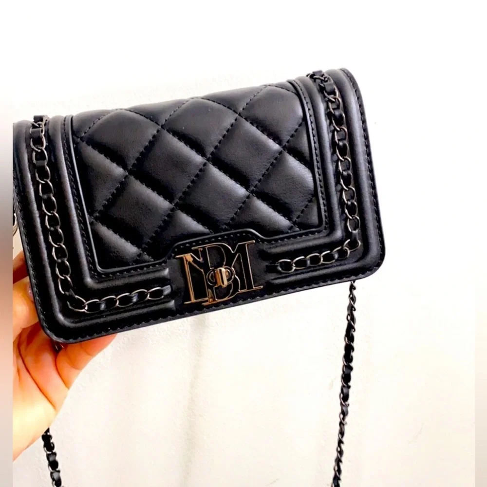 Badgley Mischka Black Vegan Leather Quilted Front Crossbody Bag on Chain Strap.